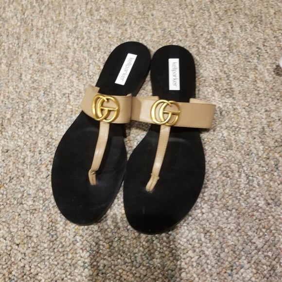 Kellparker Brielle Tan Sandals  Women’s Size 9.5 Gold GG Logo Embellishment Shoe - Picture 4 of 13